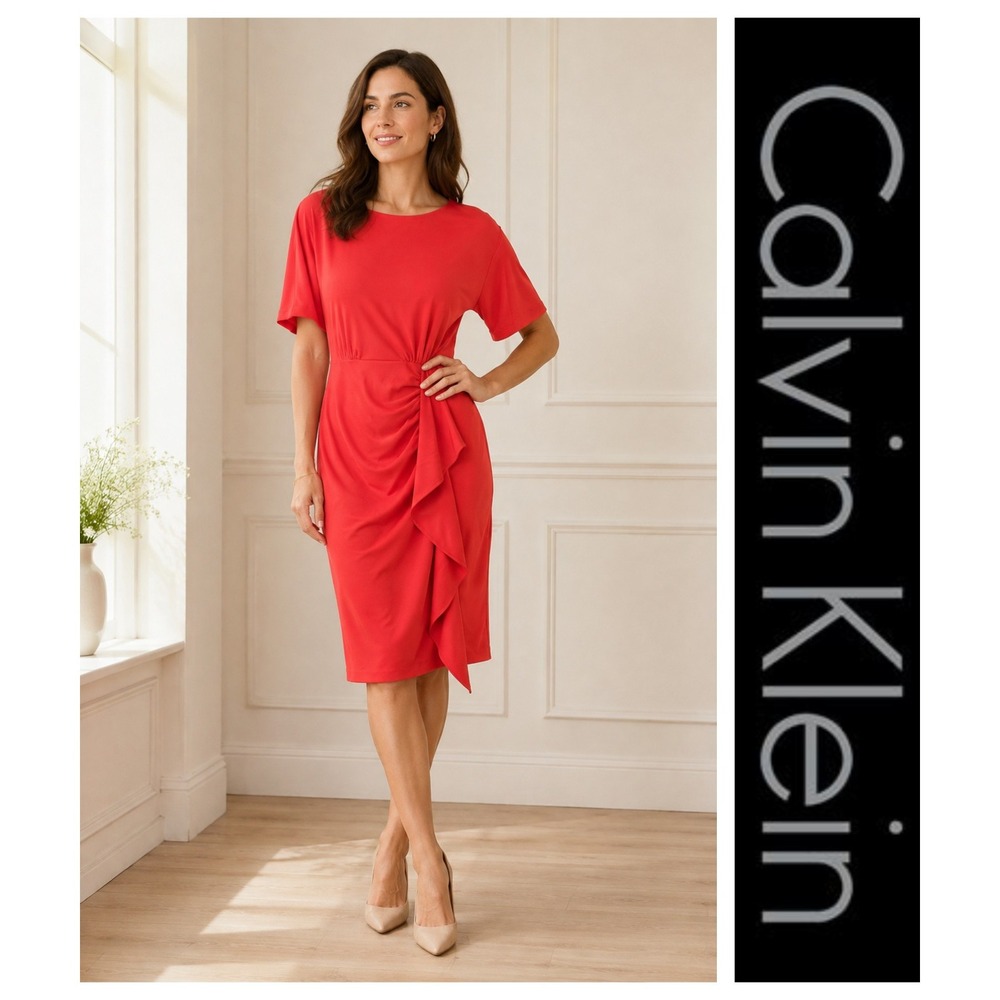 Calvin Klein Coral Dolman Short Sleeve Ruffle Sheath Dress Plus Size 22W NWT